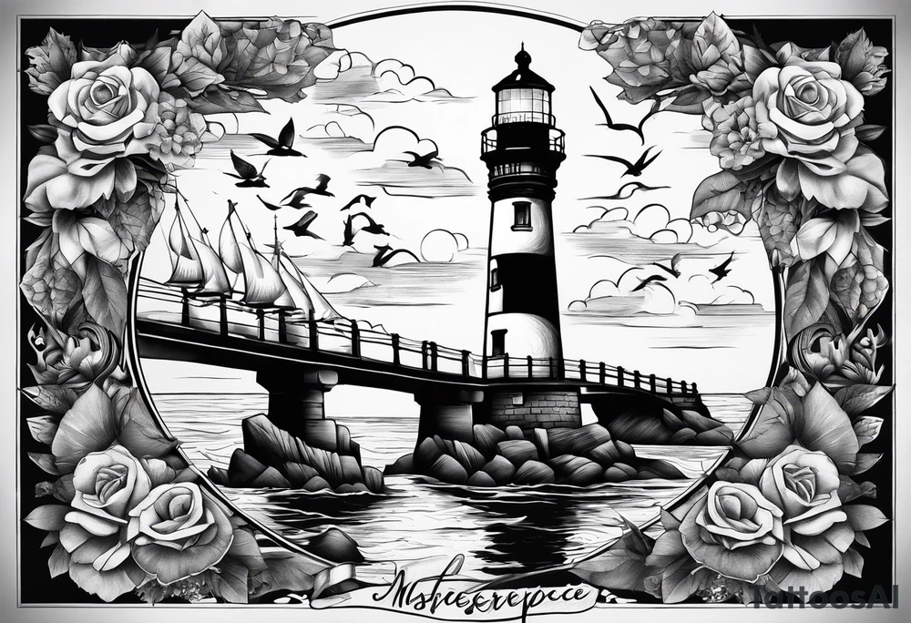 Leg Sleeve with a bridge , lighthouse , binoculars , puzzle pieces , and quote tattoo idea