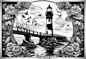 Leg Sleeve with a bridge , lighthouse , binoculars , puzzle pieces , and quote tattoo idea