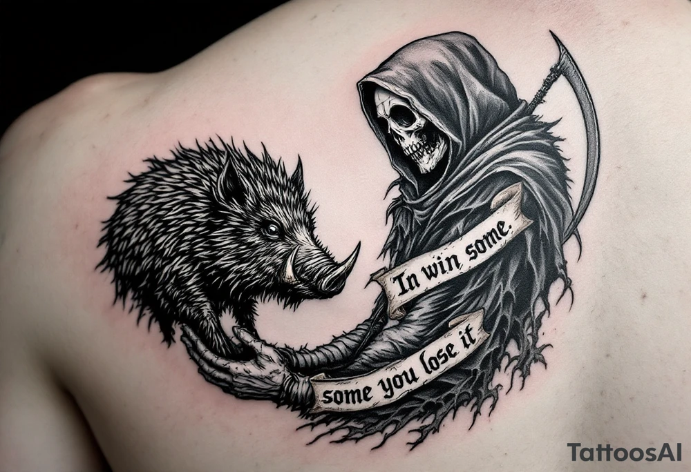 Grim reaper looking down on a bug feral boar while holding a scythe and scroll. The scroll has the words “You win some you lose some” written on it tattoo idea