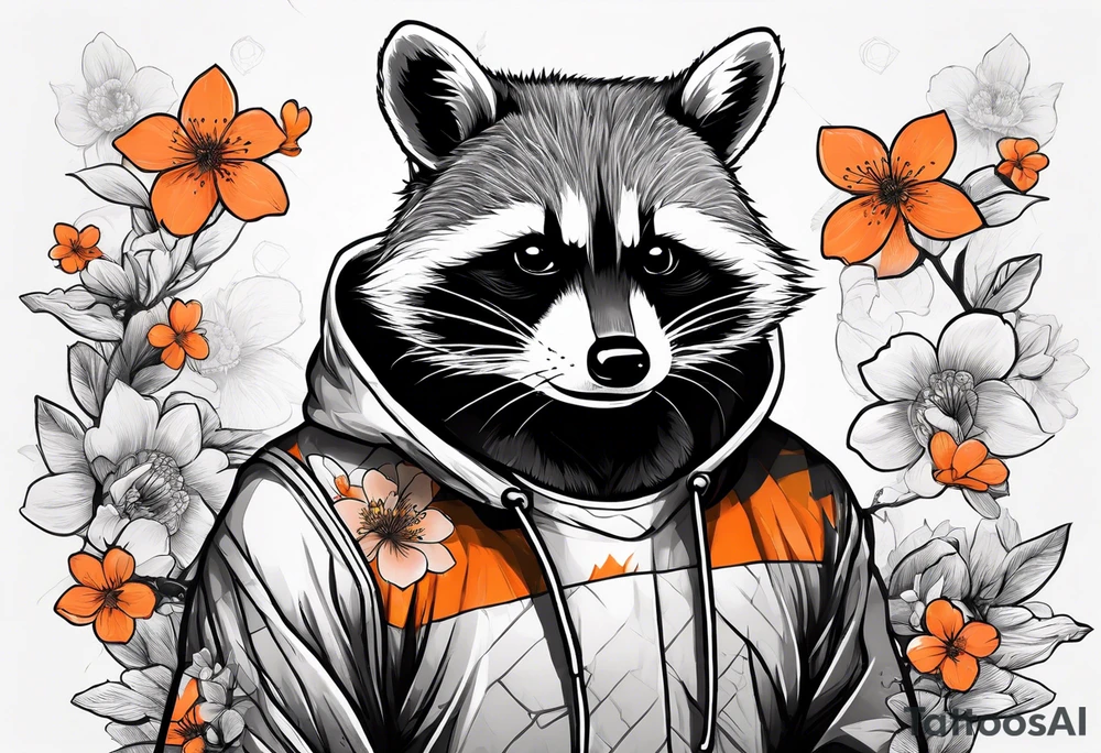raccoon wearing a black and white Superman hoodie and orange Japanese cherry blossoms tattoo idea