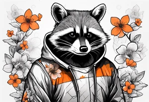 raccoon wearing a black and white Superman hoodie and orange Japanese cherry blossoms tattoo idea