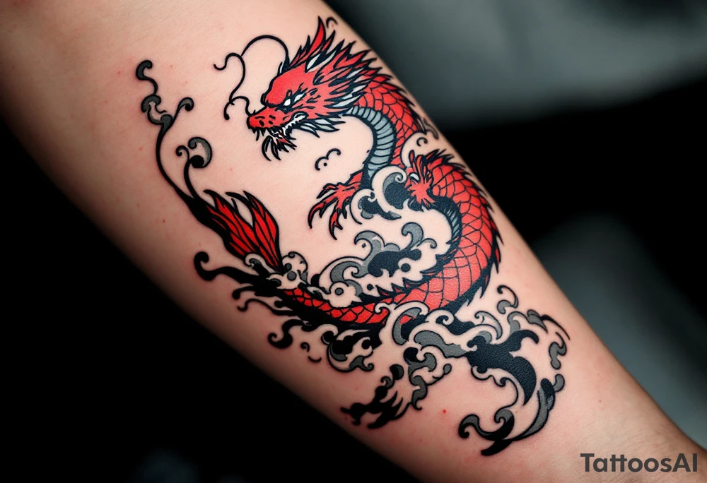 Red Koi in Dragon Shape – A stylized red koi morphing into a dragon as it ascends through swirling clouds, representing transformation and victory. tattoo idea