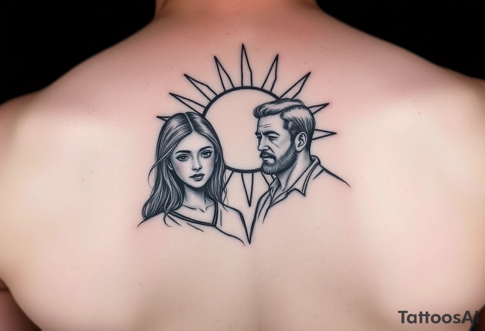 2 daughters and father in as siluetes of sun tattoo idea