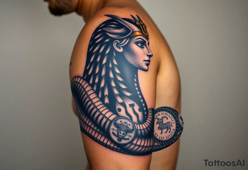 A DSLR photo of a full upper arm tattoo on a man's right arm, from neck to below the elbow. The tattoo shows the Egyptian goddess Renenutet with a serene and powerful female face, shaded with lifelike detail. Her eyes are vivid blue with white highlights. She wears a war crown (Mut or Isis style, with horns and a solar disk), and an ankh on the forehead. Her hair blends into a cobra hood that transitions into the serpent’s body wrapping around the entire arm. The cobra’s scales are deeply shaded black with white edge accents and subtle blue highlights on the back. The body coils protectively around the forearm, encircling three symbols: twin faces (Gemini), a lion’s head in relief (Leo), and a Capricorn with a horned goat and fish tail, each embedded in the snake’s body or stylized medallions. The tattoo glows slightly with white ink accents, giving it a vibrant, almost living presence. Photographed in soft studio lighting to highlight texture and shading, with visible skin grain and depth of ink. tattoo idea
