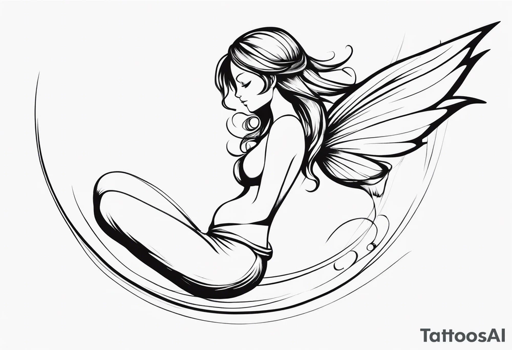 Minimalistic, monochromatic fairy with a tail flying to the left in a fetal position, leaning and looking in the same direction, with visible hands, embodying the 'Fairy Tail' logo aesthetic. tattoo idea