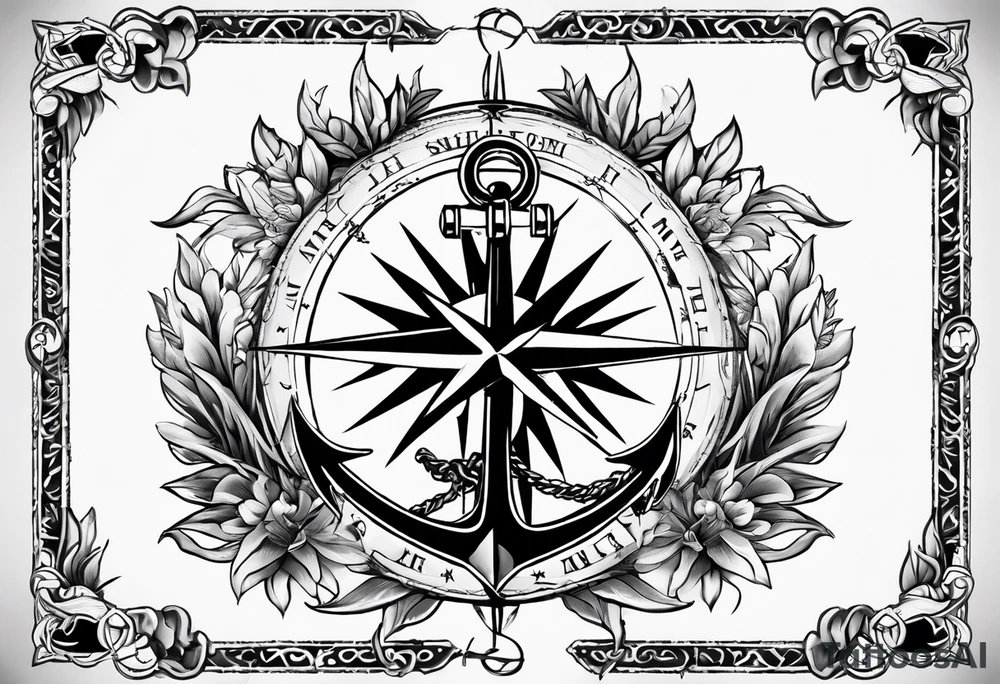 A selucid style anchor in front of a compass with north south east west marked on it and a narrow laurel wreathe wrapped around the compass tattoo idea
