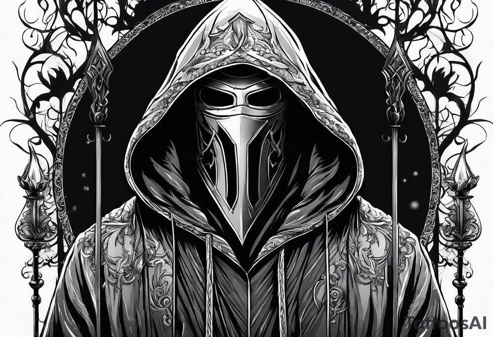 Hooded figure with no face carrying staff and wearing a long tattered cloak tattoo idea