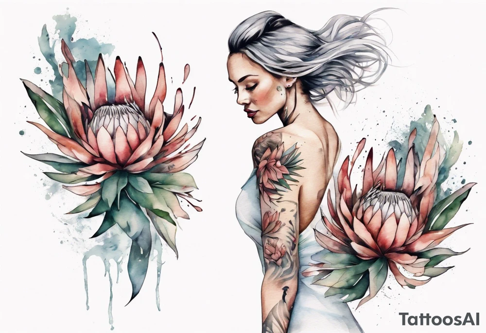 Very feminine tattoo with a woman dancing in a wind of protea flowers tattoo idea