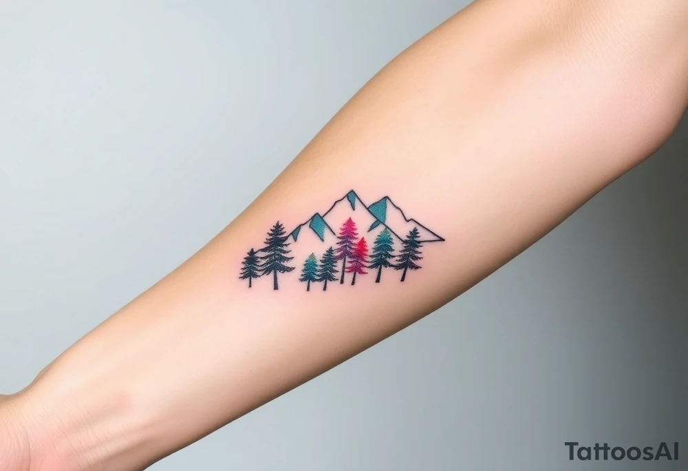 Lower forearm, trees with mountains in background, leaves on the trees are pink, purple, teal, red tattoo idea