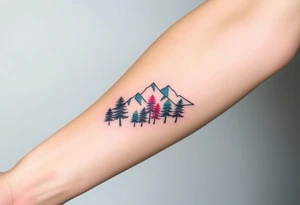 Lower forearm, trees with mountains in background, leaves on the trees are pink, purple, teal, red tattoo idea