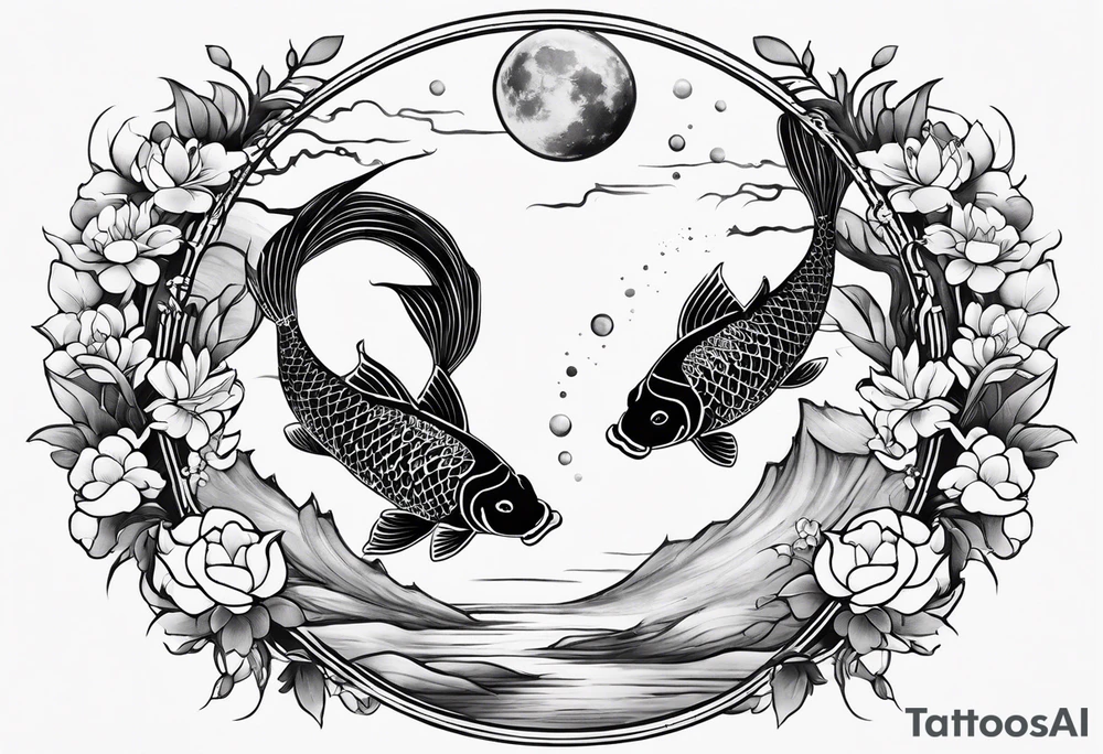 koi fish Tui and La from from avatar the last airbender circling each other with moon imagery around them tattoo idea