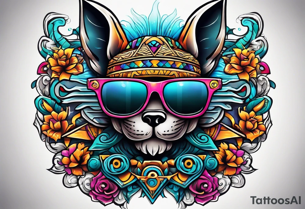 Colorful Mayan hieroglyph wearing sunglasses with bats and water tattoo idea