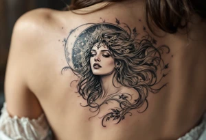 A hyper-realistic depiction of a divine figure like Aphrodite or a moon goddess. smaller and sick tattoo idea