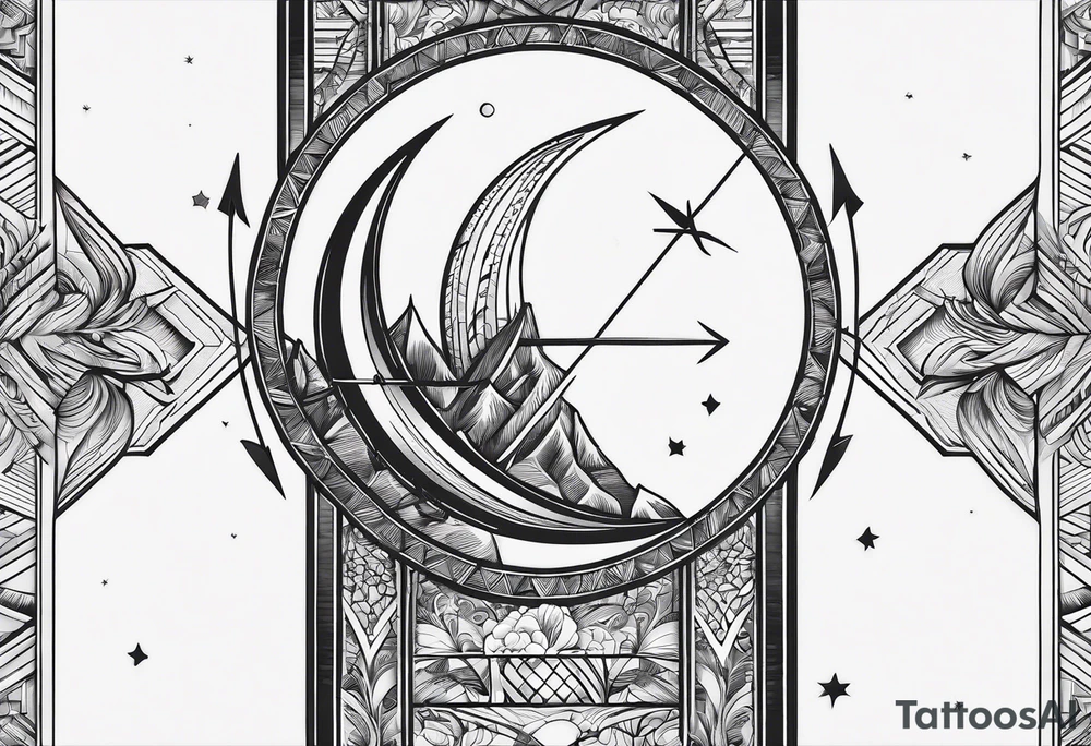 moon fine linework arrow, long and narrow tattoo idea