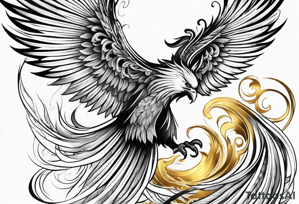 lite flowing phoenix with gold and white on tail For male tattoo idea