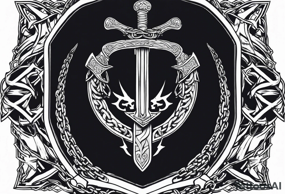 Valhalla sword shield axe barbed wire chains dark cloud lightning tattoo idea