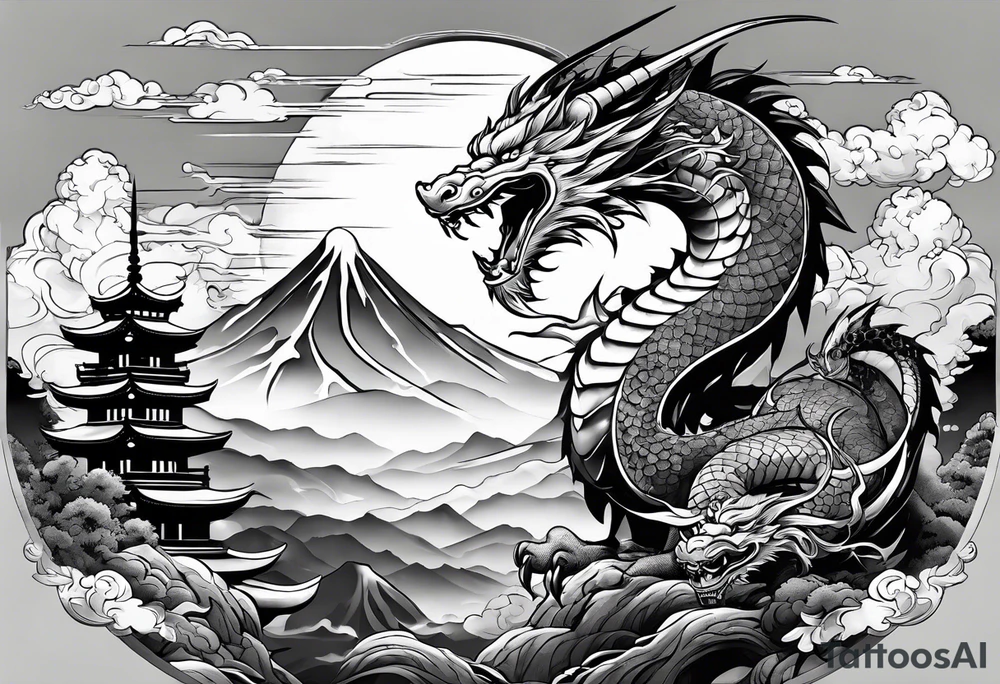 beautiful warrior fairy holding a sword and a dragon and the background will be mountains, clouds, and a Japanese building tattoo idea