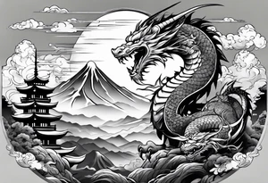 beautiful warrior fairy holding a sword and a dragon and the background will be mountains, clouds, and a Japanese building tattoo idea