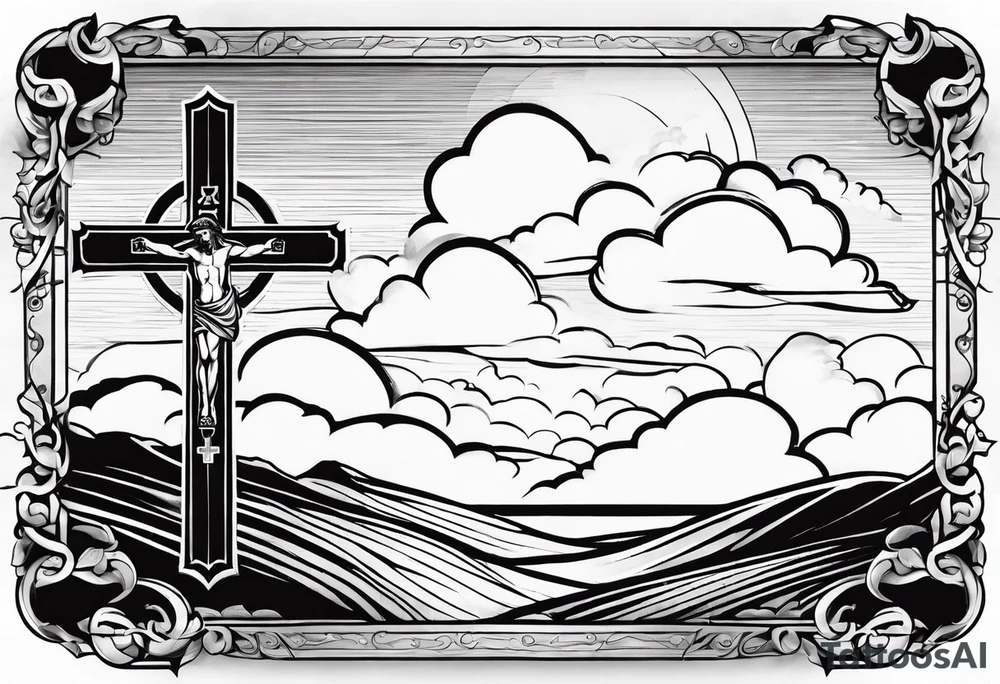 bible verse with a very simple cross in the background and realistic clouds shadowing the cross in the background tattoo idea