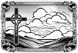 bible verse with a very simple cross in the background and realistic clouds shadowing the cross in the background tattoo idea