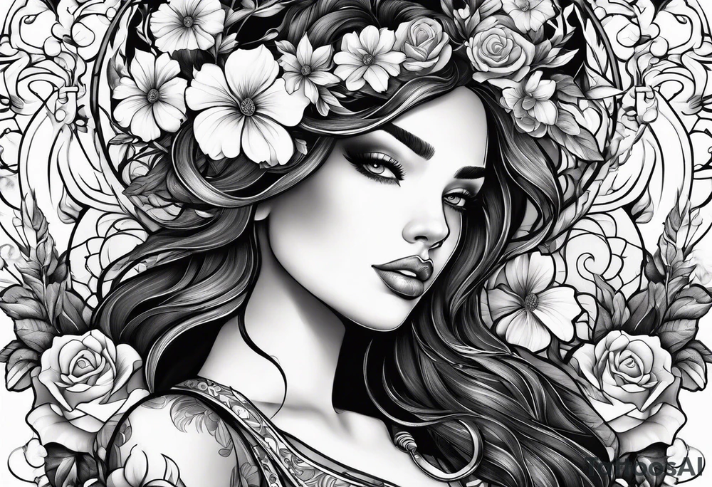 Powerful sexy warrior woman with flowers and vines tattoo idea