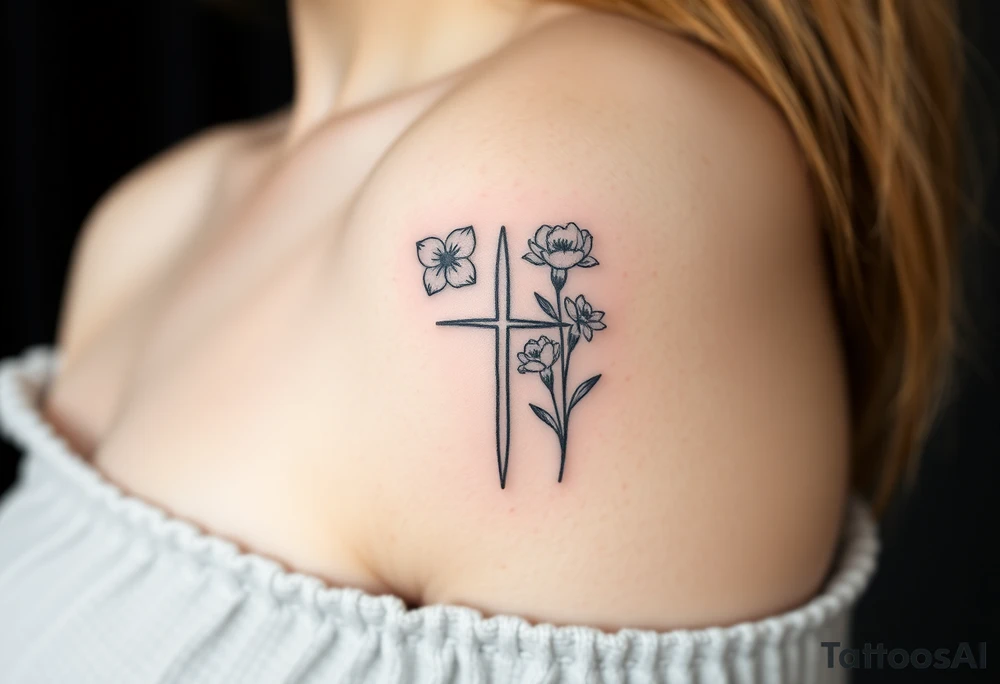 tattoo with one side representing death and the other life. (from death to life) with a simple cross down the middle. The life side I's like the following flowers: Morning Glory, Lily of the Valley, Daffodil, Rose, Poppy, and Iris tattoo idea