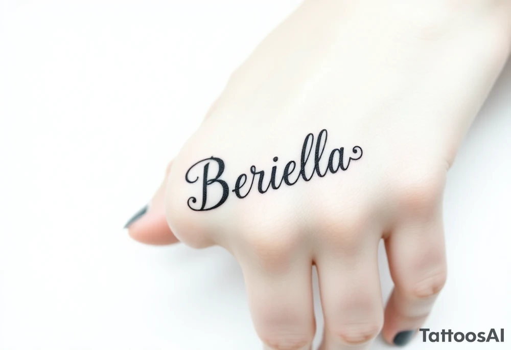 "Briella" in gangsterfont on hand along thumb tattoo idea
