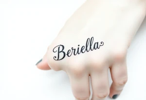 "Briella" in gangsterfont on hand along thumb tattoo idea
