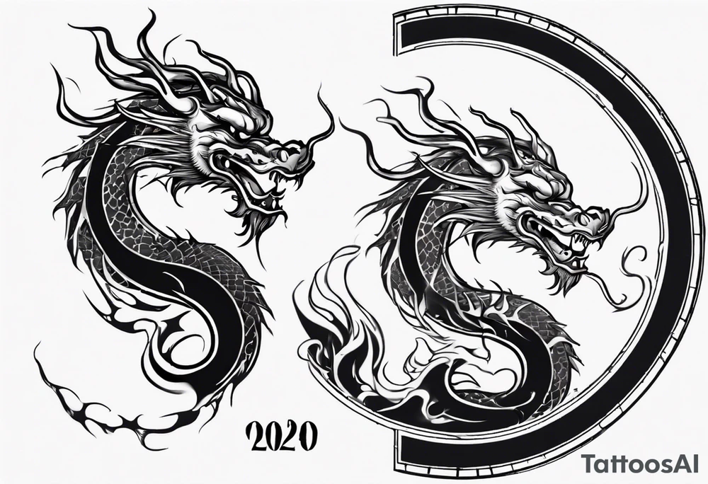 Chinese dragon in a circular shape with "02.03" written on its skin tattoo idea