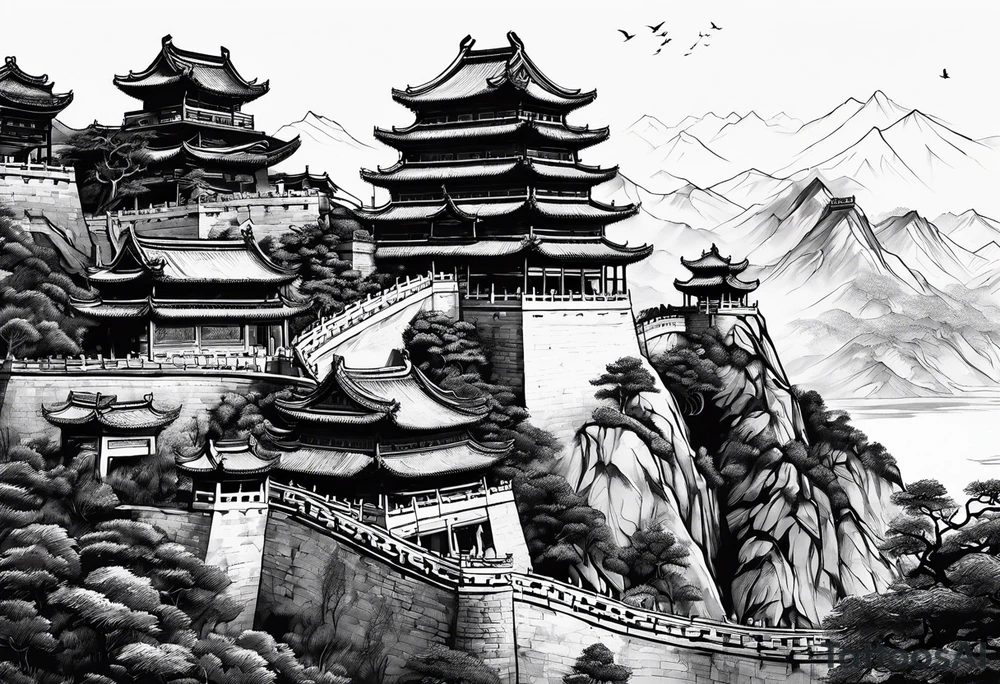 Chinese wall, realistic, art, sideview, highlight tattoo idea