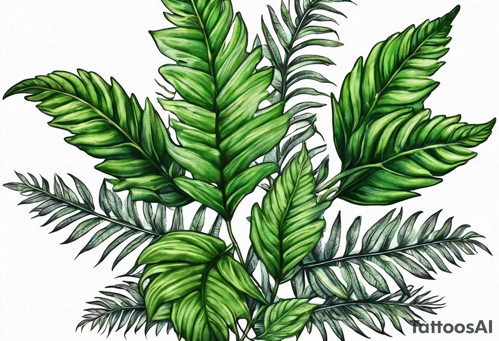 Fern leaf and basil leaf tied with a ribbon tattoo idea