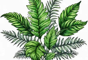 Fern leaf and basil leaf tied with a ribbon tattoo idea
