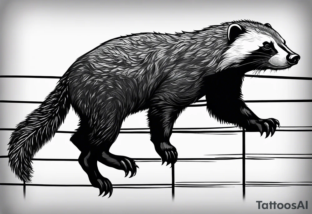 honey badger climbing-over, claws near face, behind, on its back legs, looking over fence, closed mouth tattoo idea