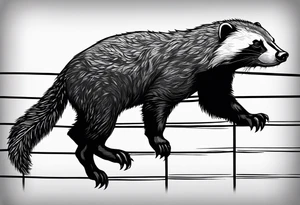 honey badger climbing-over, claws near face, behind, on its back legs, looking over fence, closed mouth tattoo idea