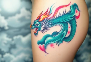fierce dragon breathing iridescent fire against stormy skies green teal pink tattoo idea