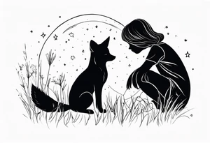 sitting from behind looking at the stars, a little girl and a fox sitting in the grass tattoo idea