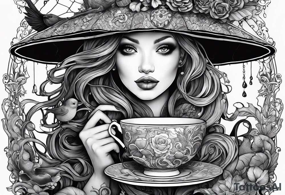 A beautiful sea witch with tentacles that incorporates a teacup, an umbrella, a yellow bird, and a gingerbread boy tattoo idea