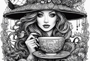 A beautiful sea witch with tentacles that incorporates a teacup, an umbrella, a yellow bird, and a gingerbread boy tattoo idea