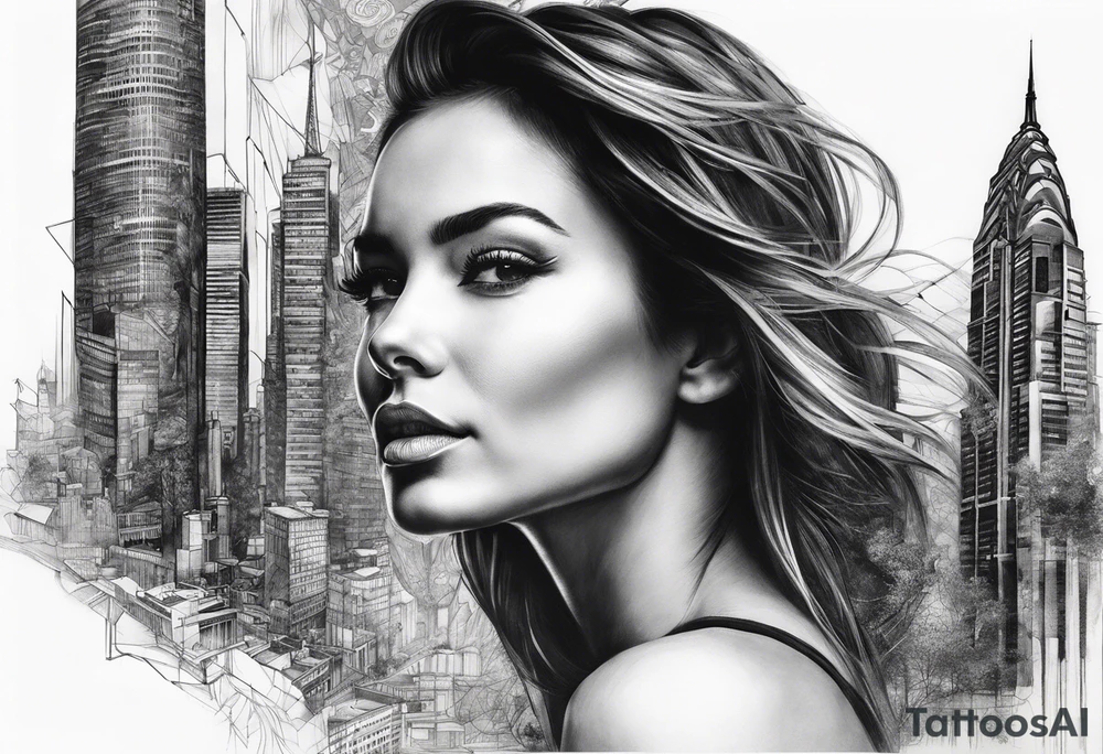woman face side on. face at the top starts to morph into a city tattoo idea