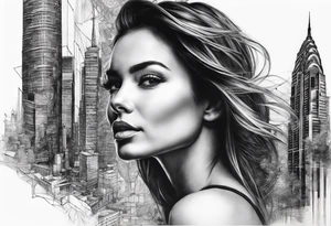 woman face side on. face at the top starts to morph into a city tattoo idea