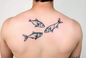 Using the letter P in “Pisces” to create tu fish swimming in different directions tattoo idea