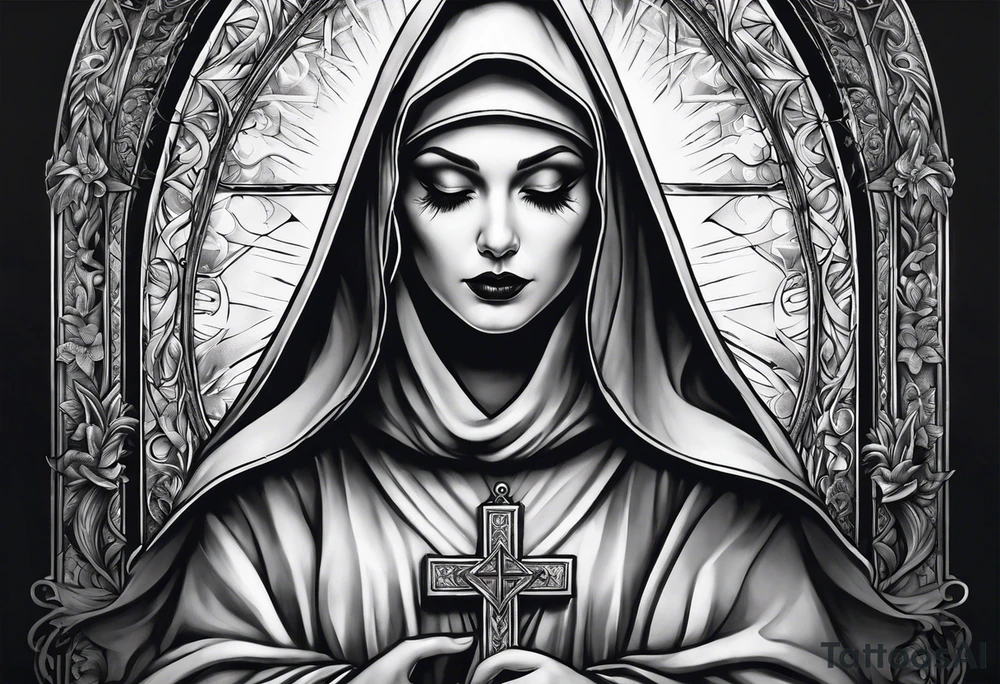 Evil Nun holding upside-down crucifix tattoo idea