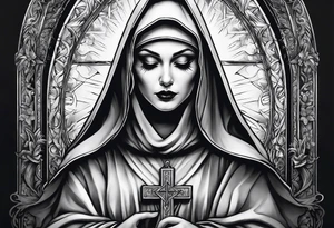 Evil Nun holding upside-down crucifix tattoo idea