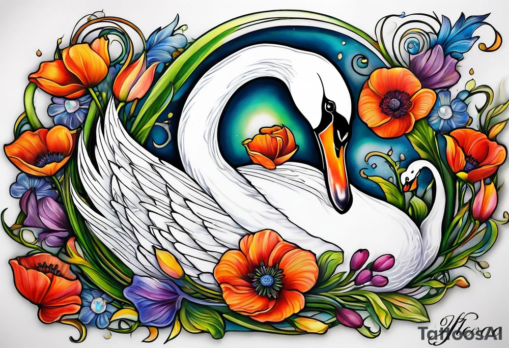 Colorful swan tattoo with poppies, Lily of the valley, sweet pea flower, honeysuckle tattoo idea
