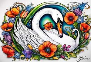 Colorful swan tattoo with poppies, Lily of the valley, sweet pea flower, honeysuckle tattoo idea