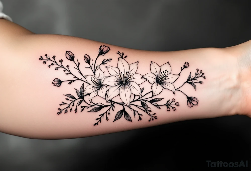 flower arrangement with spider lilies, tulip, cherry blossom tattoo idea
