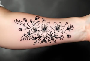 flower arrangement with spider lilies, tulip, cherry blossom tattoo idea