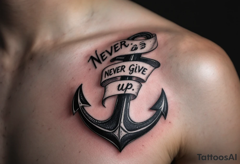 "Never give up" wrapped around the base of a black anchor, symbolizing stability and strength. tattoo idea