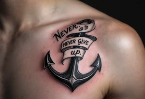 "Never give up" wrapped around the base of a black anchor, symbolizing stability and strength. tattoo idea