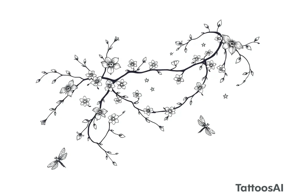 full arm thick vines with small mystical flowers, dragonflies, stars, celestial moon tattoo idea